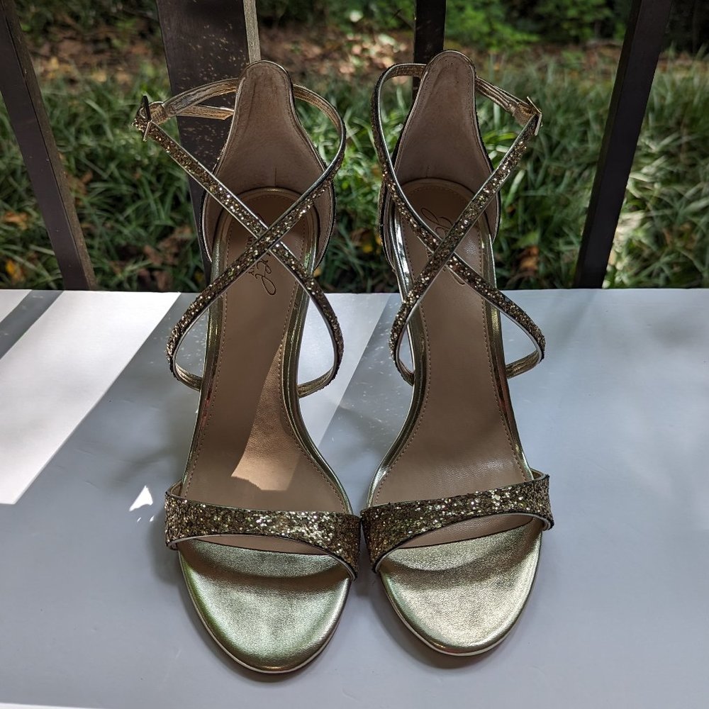 BADGLEY MISCHKA Dimitra Sandals Stiletto Heel in Gold Glitter Size 7 - Picture 4 of 4